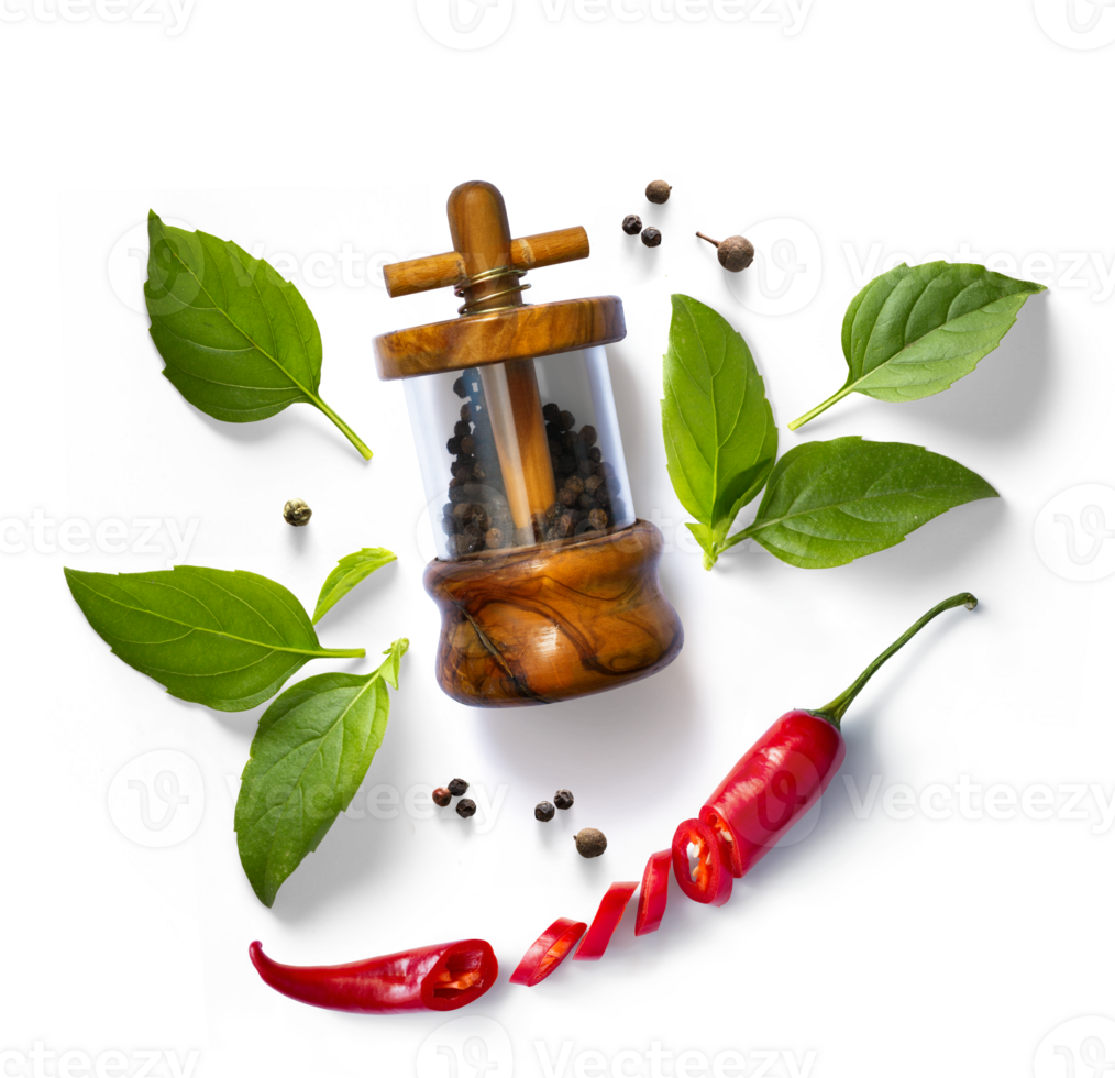 traditional italian pepper shaker, red chilli pepper and green organic basil leaves isolated on transparent background. Transparent background and real natural transparent shadow png