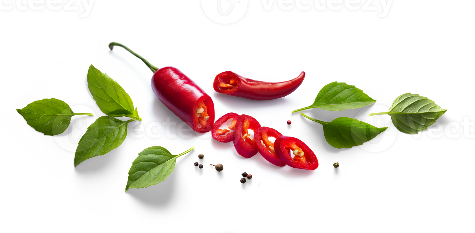 Fresh herb basil leaves and red chilli pepper isolated on Transparent background. Transparent background and natural transparent shadow, Ingredient, spice for cooking. collection for design png