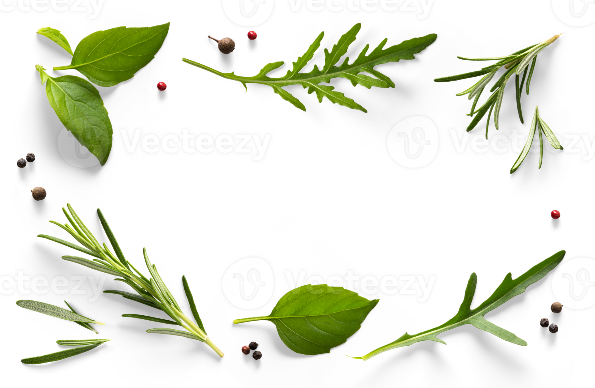 Spices and herbs with transparent shadow on transparent background