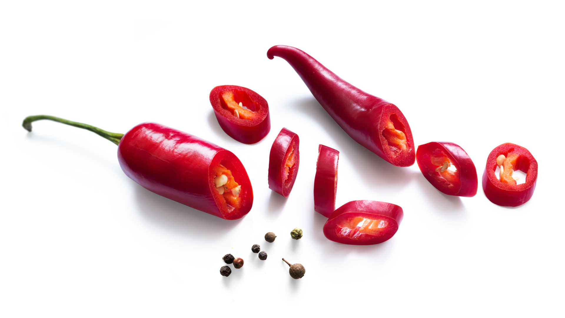 Fresh red chilli pepper and black pepper isolated on Transparent