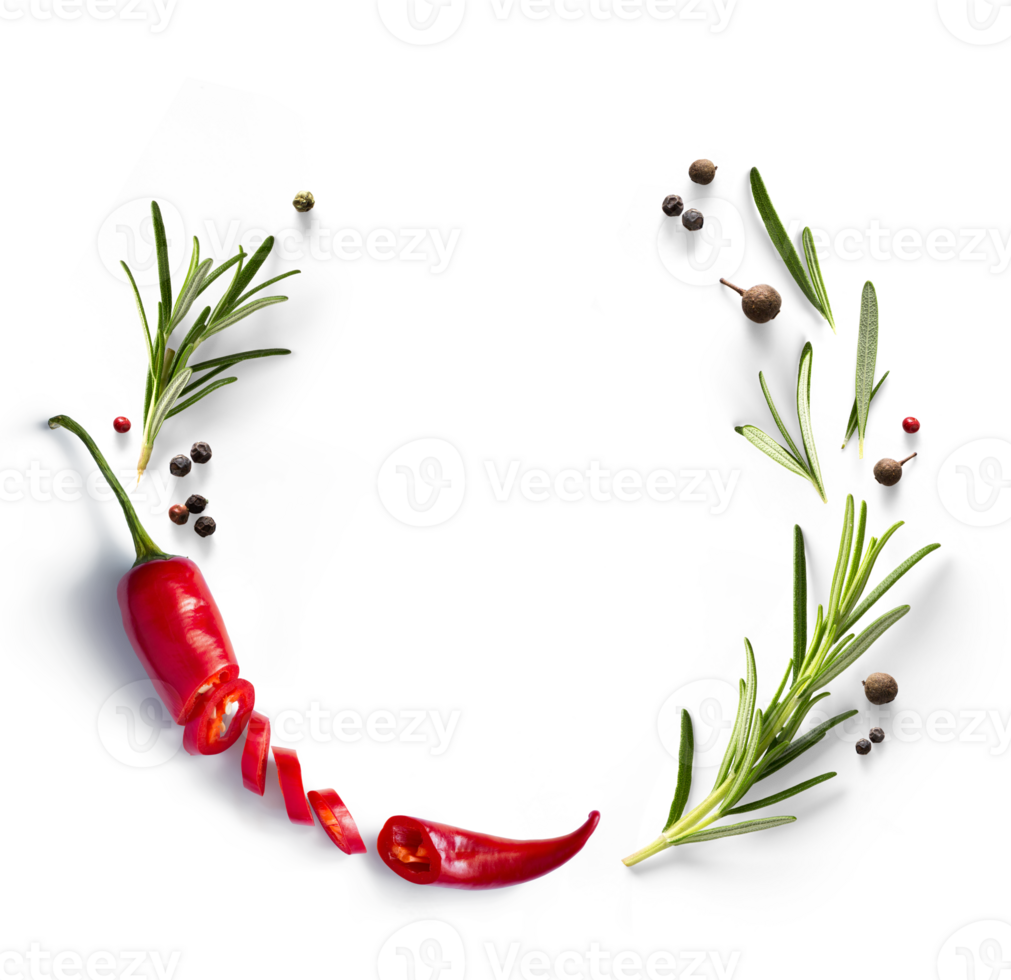 frame border Fresh green organic rosemary leaves and red hot chilli pepper isolated on transparent background. Transparent background and natural transparent shadow, Ingredient, spice for cooking png