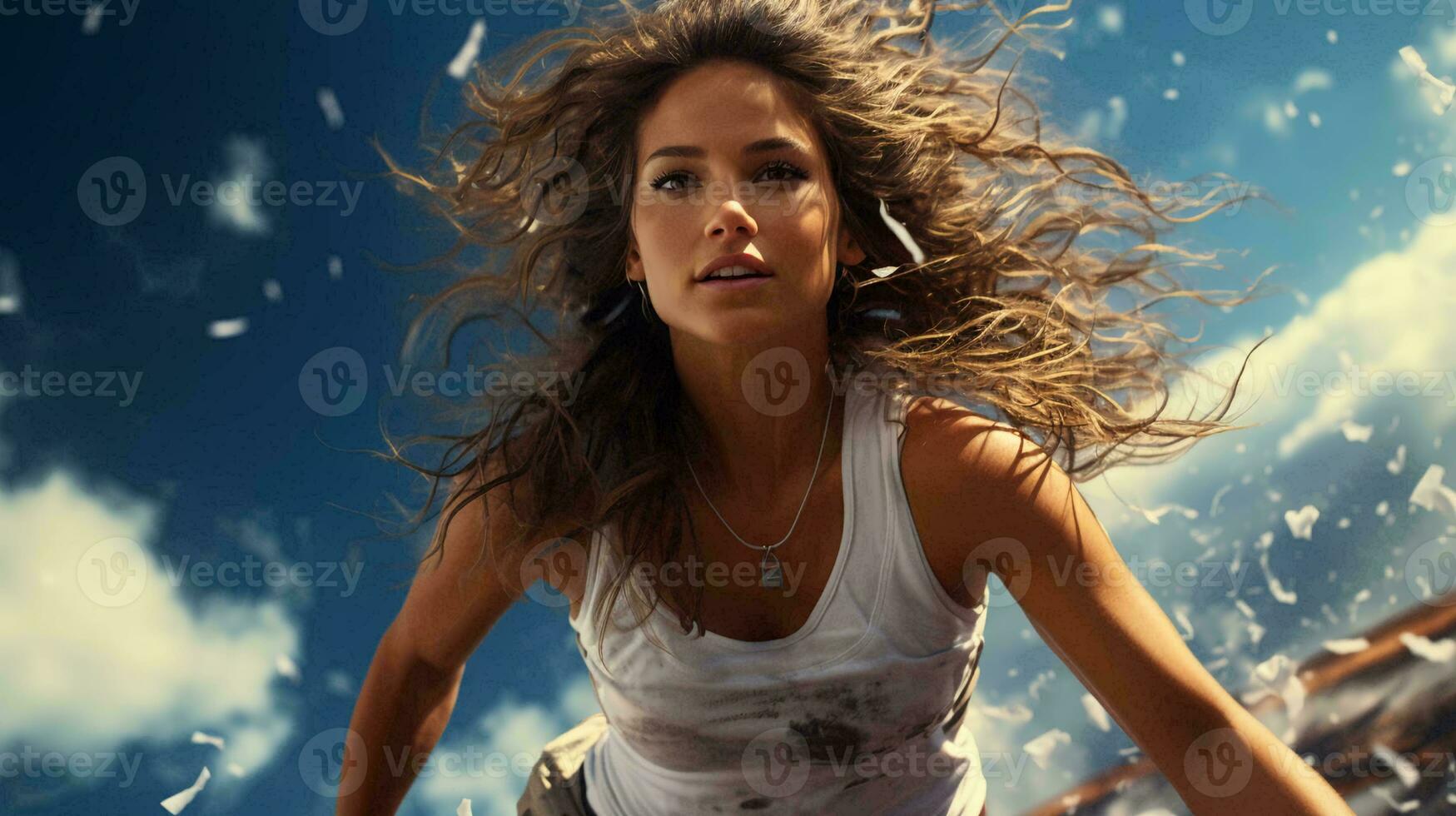 Beautiful young woman athlete running with hair flying photo