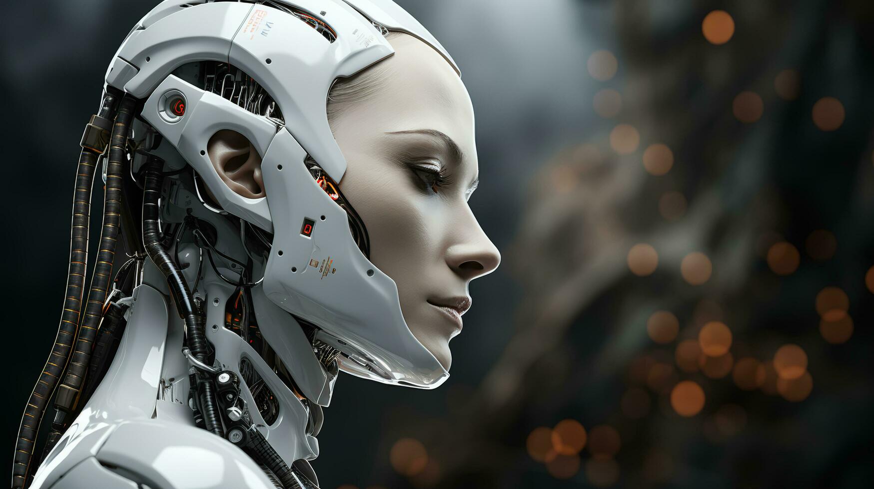 Beautiful face of a futuristic hi-tech cyborg robot woman. Connecting man and computer with artificial intelligence in the future of humanity photo