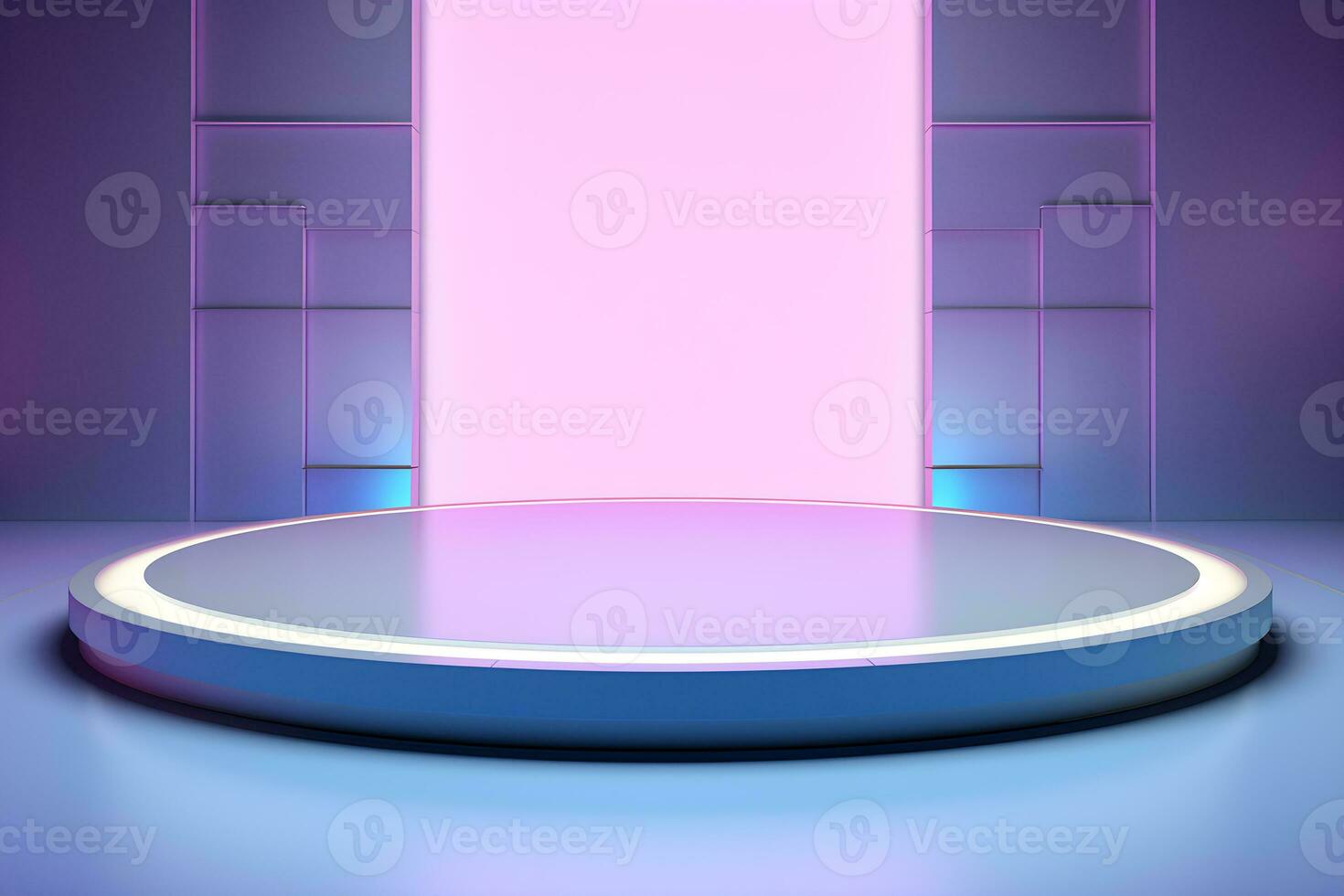 3D circular pedestal and lights on blue and pink background, light purple Minimalist stage design, Product presentation, mock up, Show cosmetics podium, platform, ai generate photo