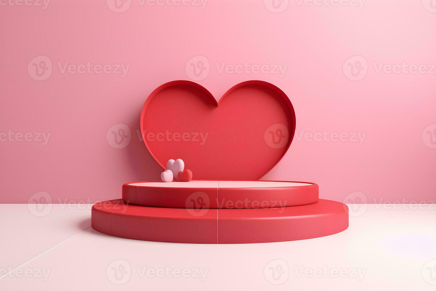 3D cylinder pedestal or stand podium with hearts decorations celebration, Valentine day minimal scene for product display presentation. Geometric platform design, ai generate photo