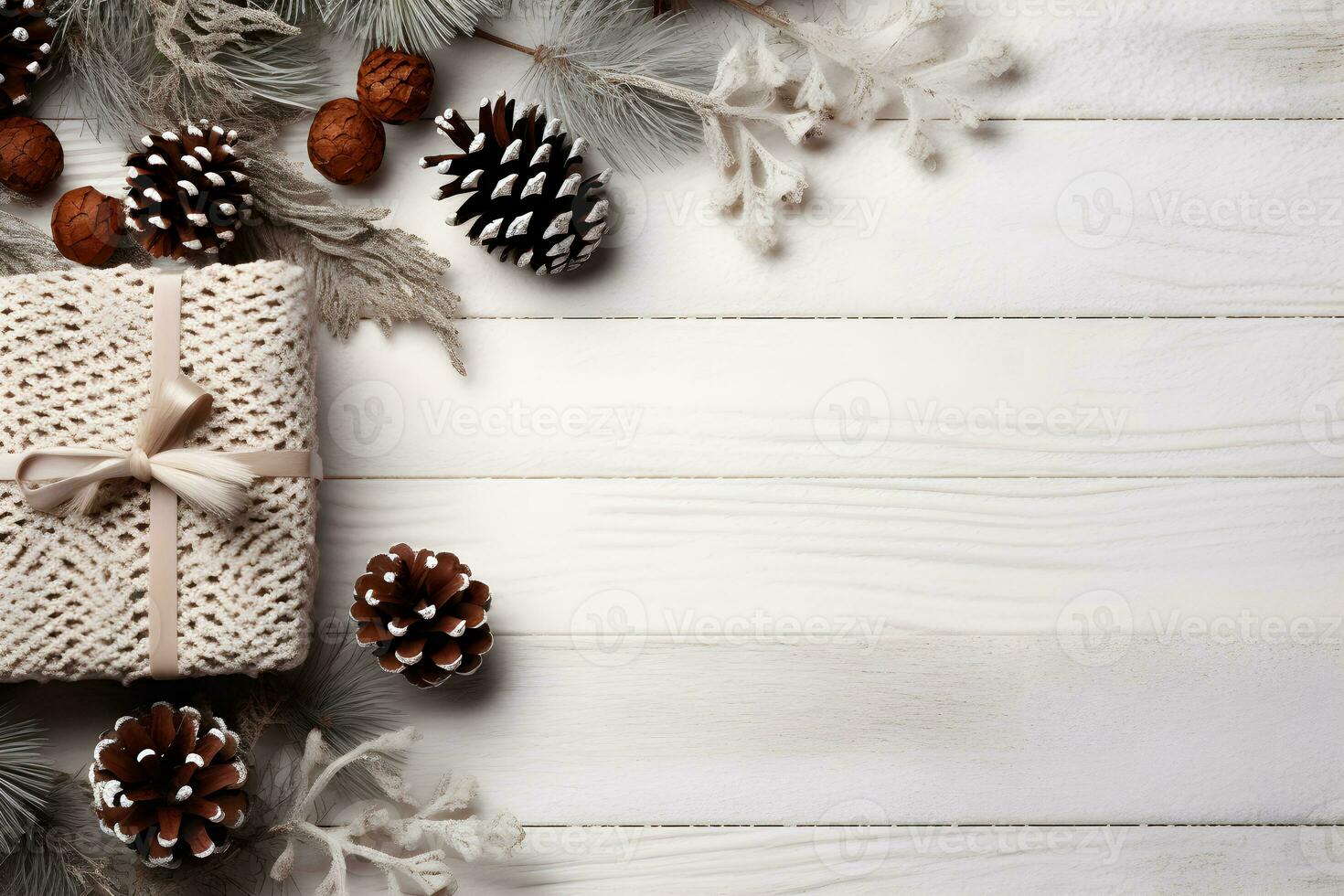 Top view Christmas decoration on wooden background, AI generate photo