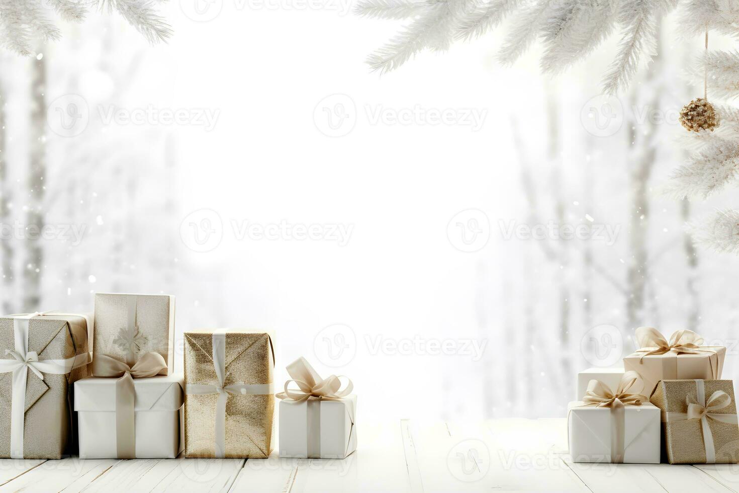 Christmas tree and gift boxes decorations on wood table with lights bokeh blurred snow winter landscape background, AI generate photo