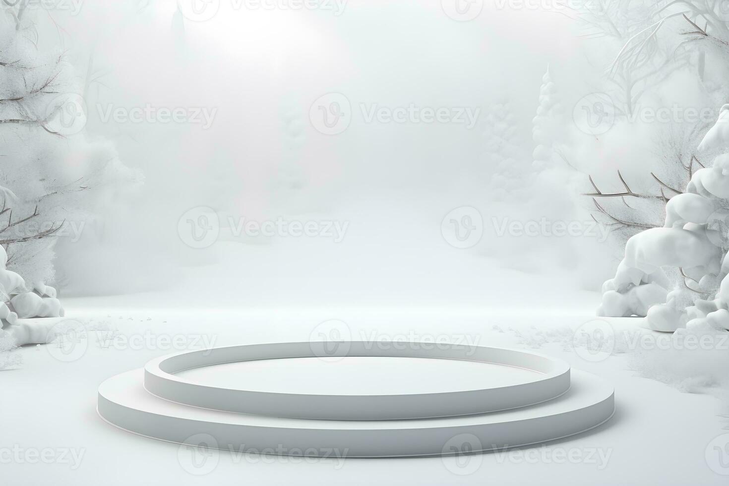 3D podium minimal mock up blank stage with landscape snow winter scene, For product display presentation design, ai generate photo