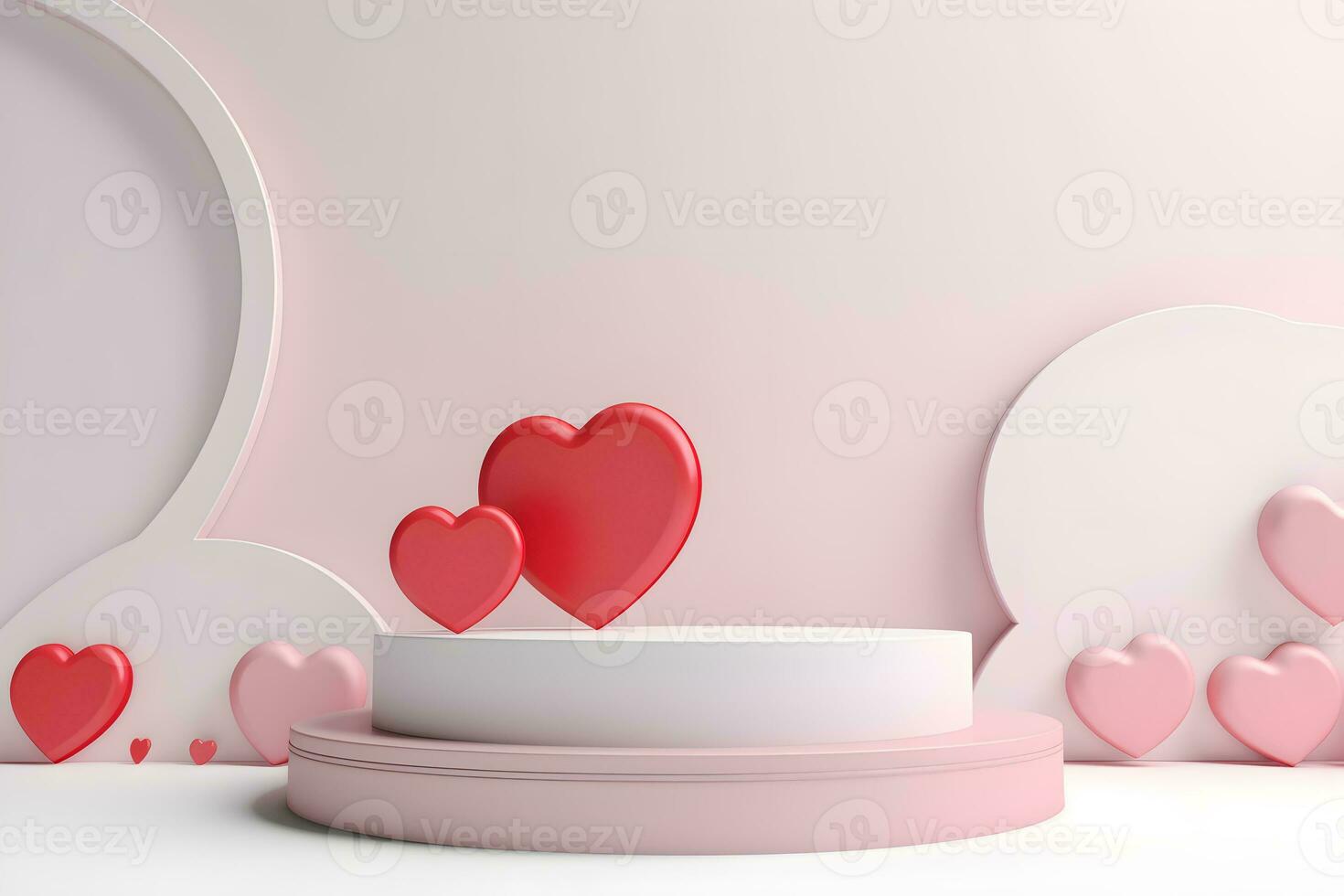 3D cylinder pedestal or stand podium with hearts decorations celebration, Valentine day minimal scene for product display presentation. Geometric platform design, ai generate photo