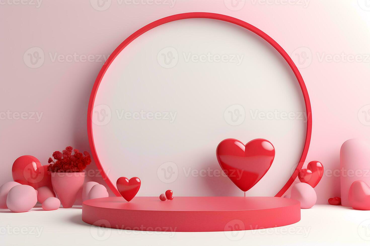 3D cylinder pedestal or stand podium with hearts decorations celebration, Valentine day minimal scene for product display presentation. Geometric platform design, ai generate photo