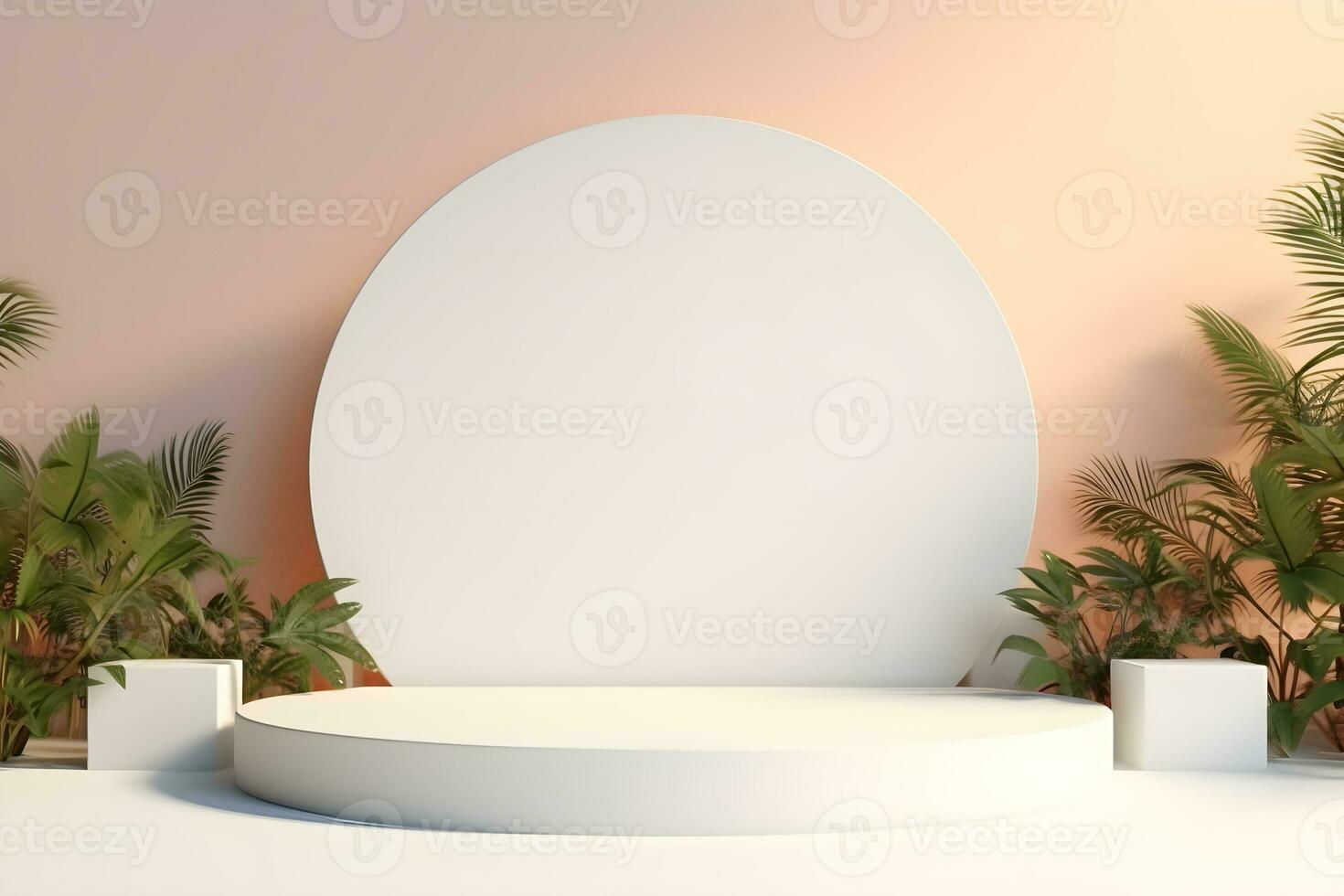 3D podium minimal mock up showcase with tropical plants palm trees, Presentation cosmetic products branding, Empty stage platform identity and packaging design, ai generate photo