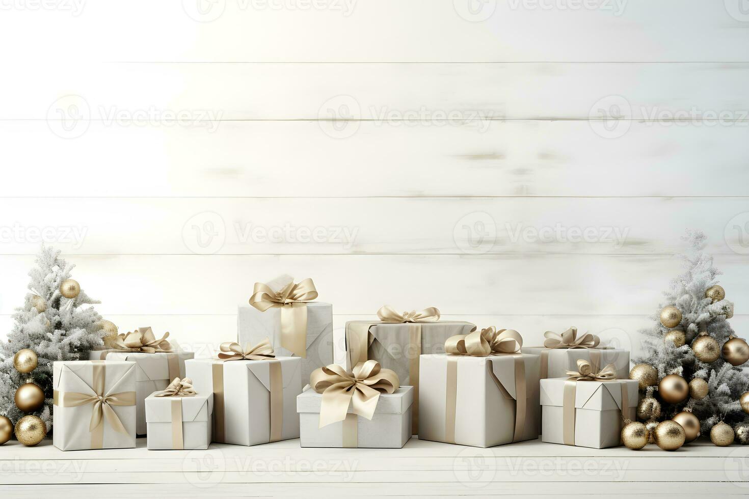 christmas tree with gift boxes and decorations with white wood wall room background, Christmas composition copy space, AI generate photo