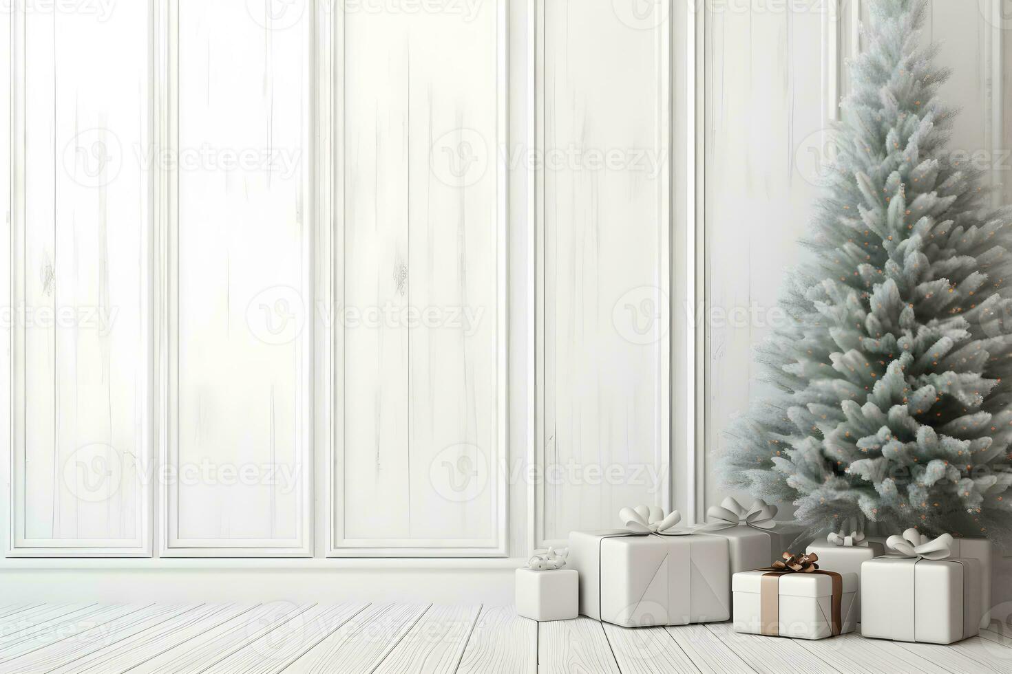 christmas tree with gift boxes and decorations with white wood wall room background, Christmas composition copy space, AI generate photo