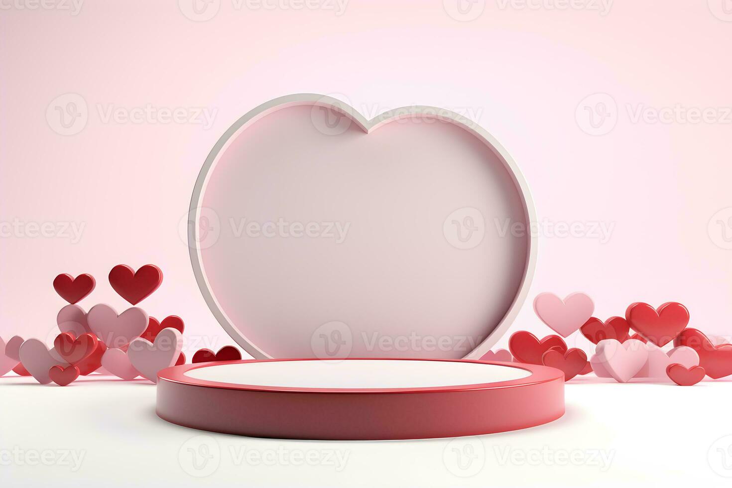 3D cylinder pedestal or stand podium with hearts decorations celebration, Valentine day minimal scene for product display presentation. Geometric platform design, ai generate photo