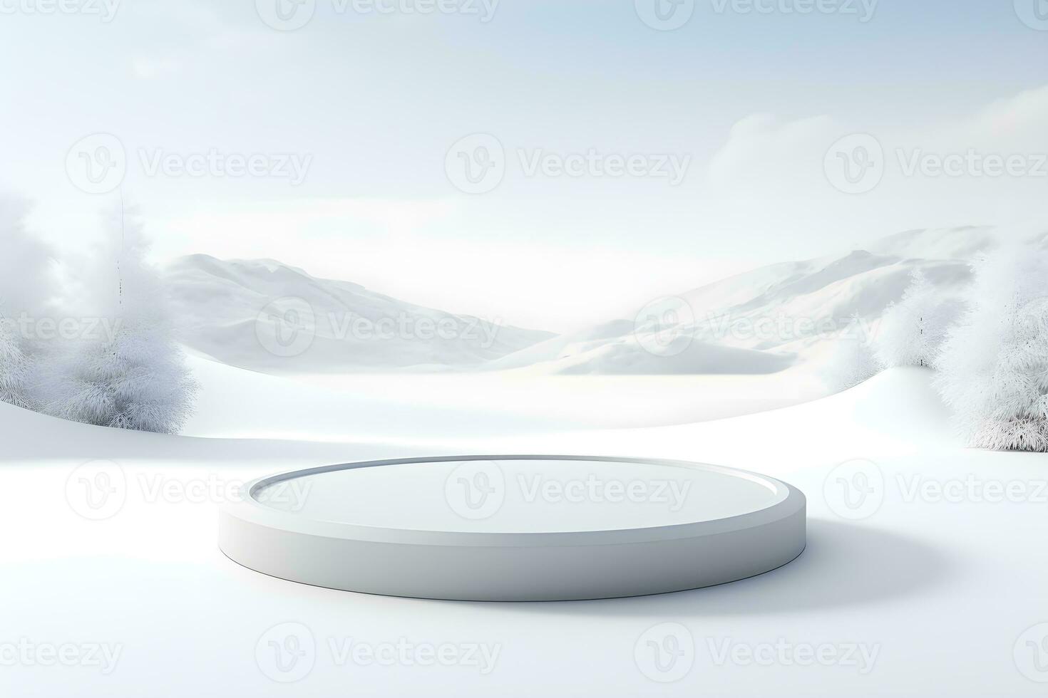 3D podium minimal mock up blank stage with landscape snow winter scene, For product display presentation design, ai generate photo