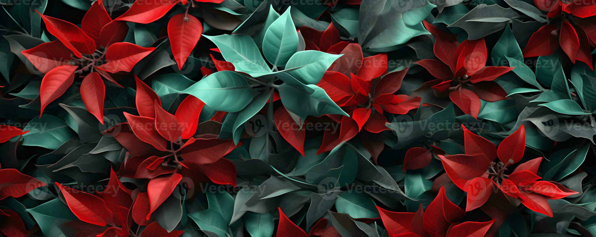 Christmas leaves red and green background, AI generate photo