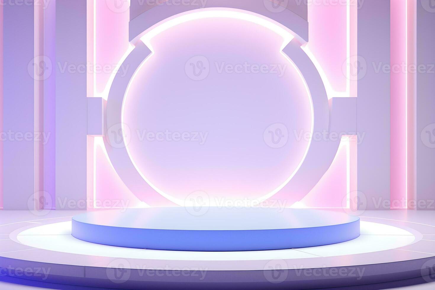 3D circular pedestal and lights on blue and pink background, light purple Minimalist stage design, Product presentation, mock up, Show cosmetics podium, platform, ai generate photo