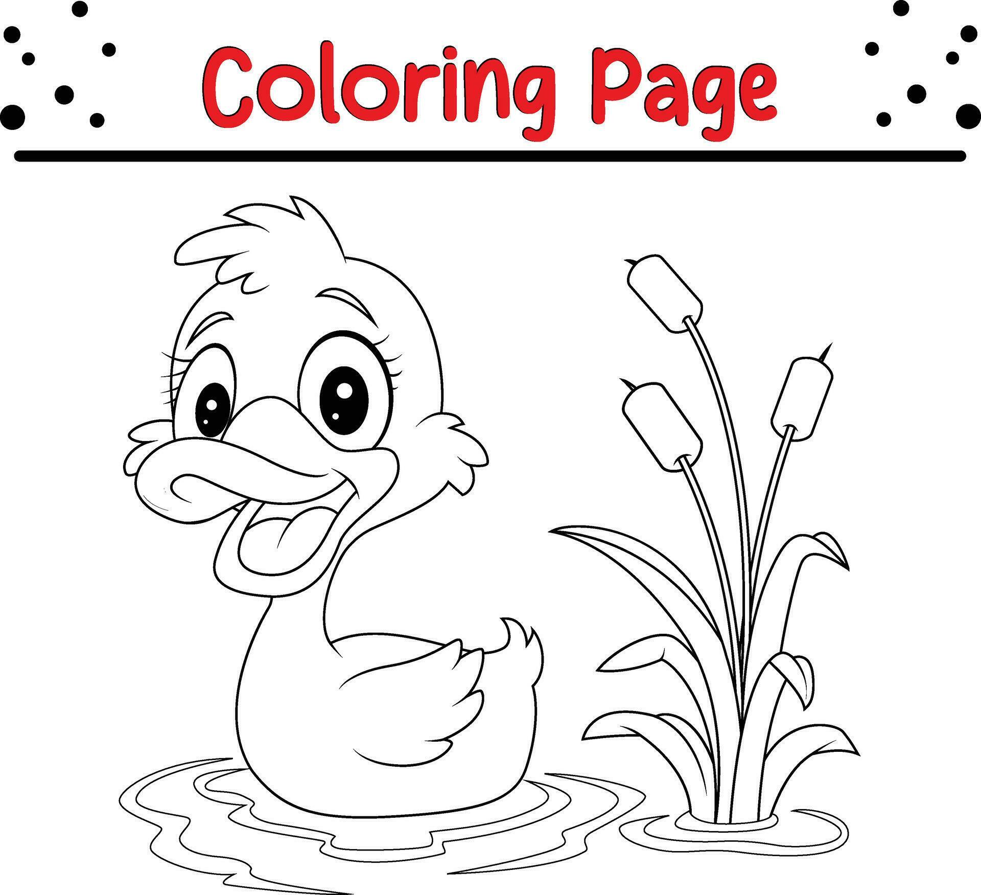 Cute duck coloring page. black and white vector illustration for a
