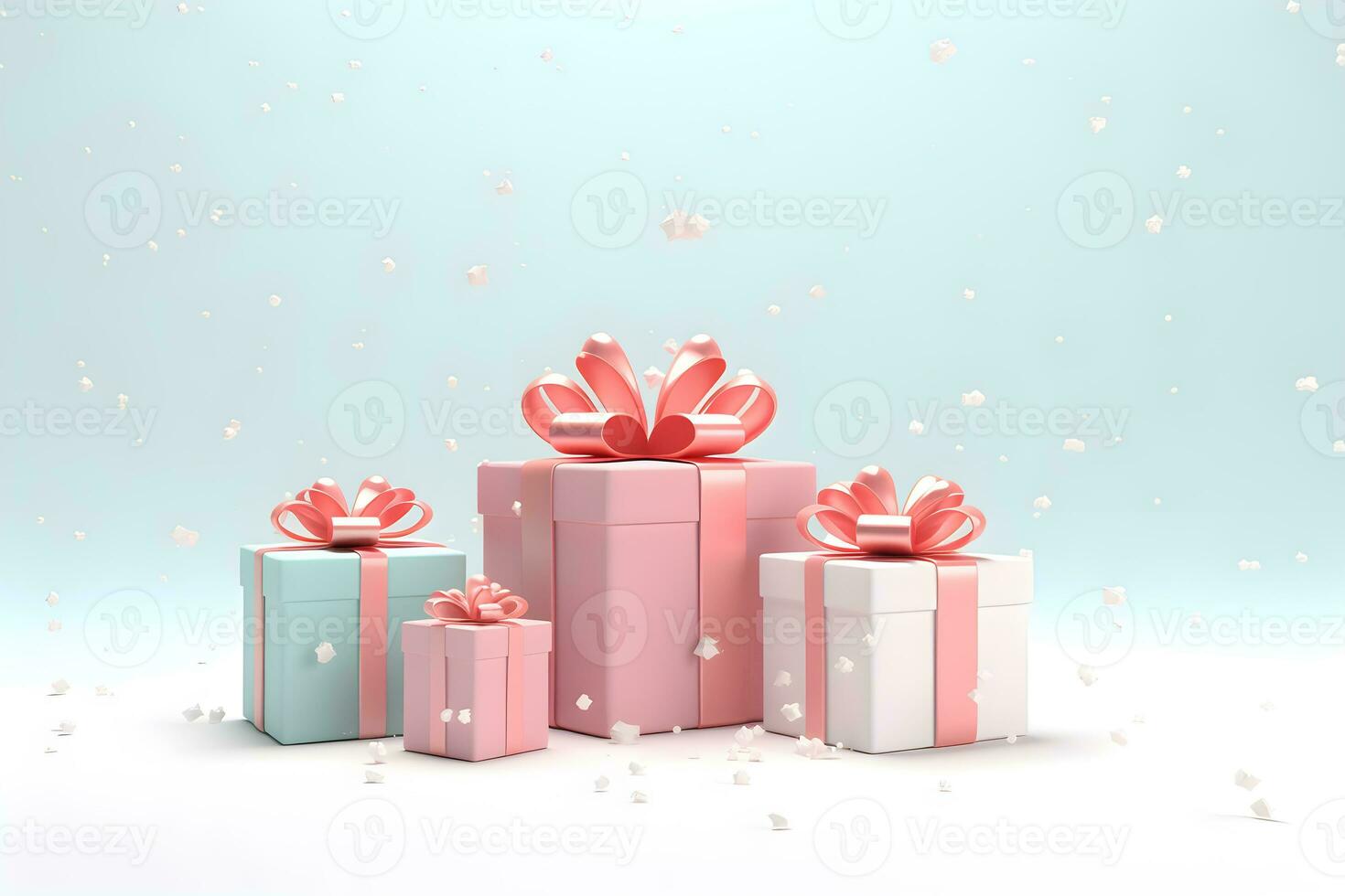 Christmas gift boxes decoration in snow scene, in the style of light pastel design, AI generate photo