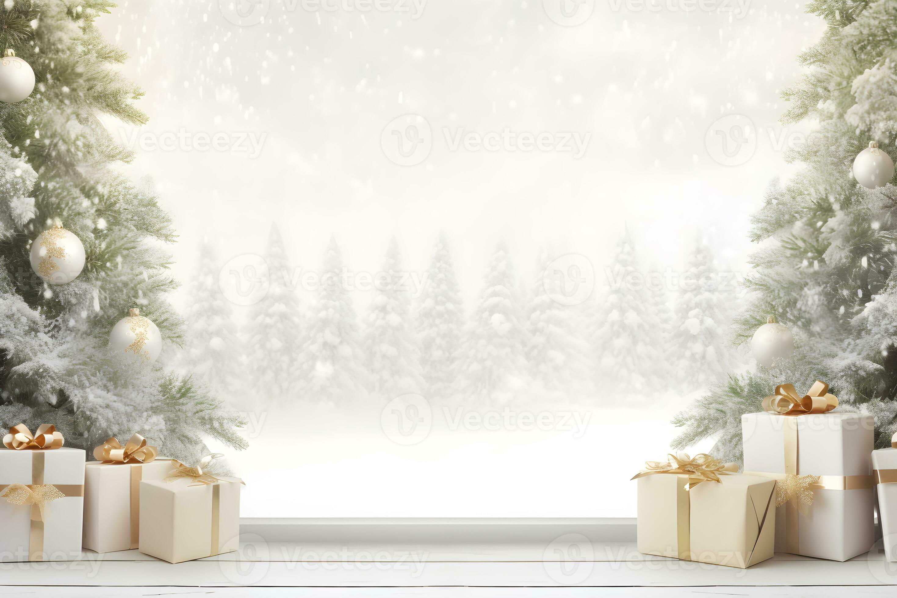 Navidad árbol y regalo cajas decoraciones en madera mesa con luces bokeh  borroso nieve invierno paisaje fondo, ai generar 31385744 Foto de stock en  Vecteezy