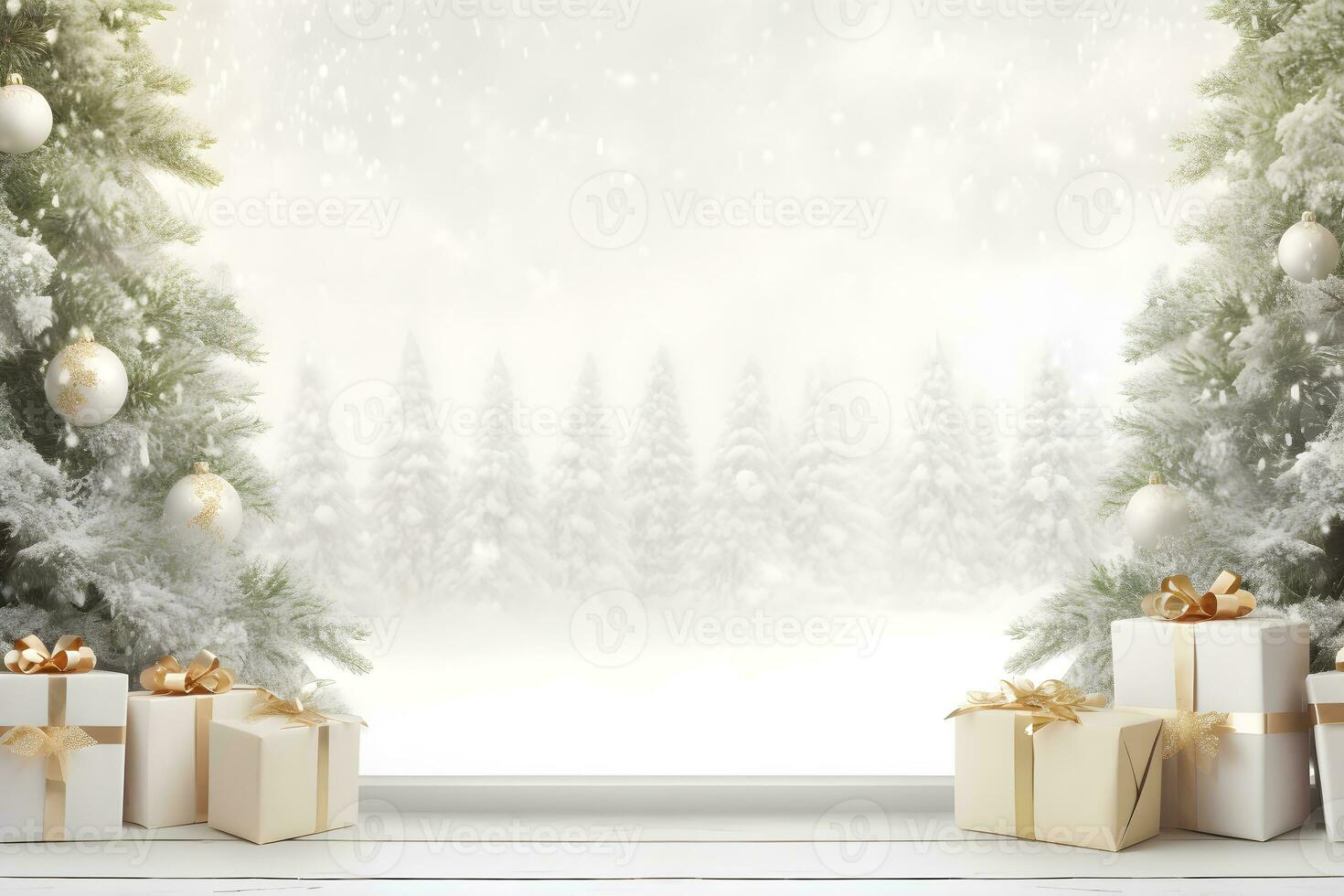 Christmas tree and gift boxes decorations on wood table with lights bokeh blurred snow winter landscape background, AI generate photo