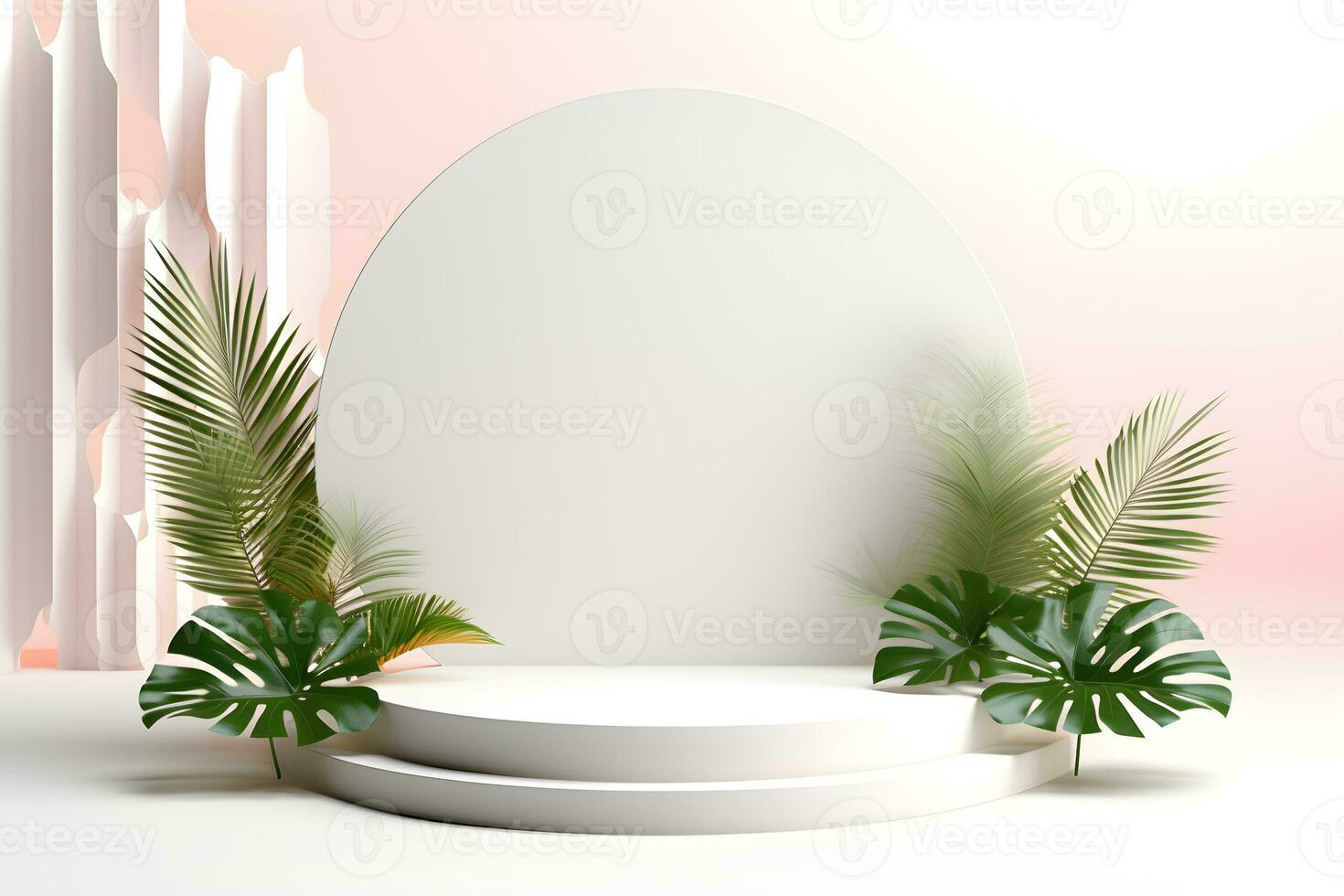 3D podium minimal mock up showcase with tropical plants palm trees, Presentation cosmetic products branding, Empty stage platform identity and packaging design, ai generate photo