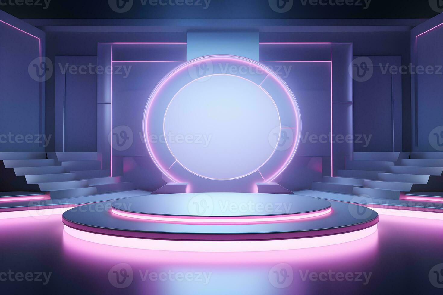 3D circular pedestal and lights on blue and pink background, light purple Minimalist stage design, Product presentation, mock up, Show cosmetics podium, platform, ai generate photo