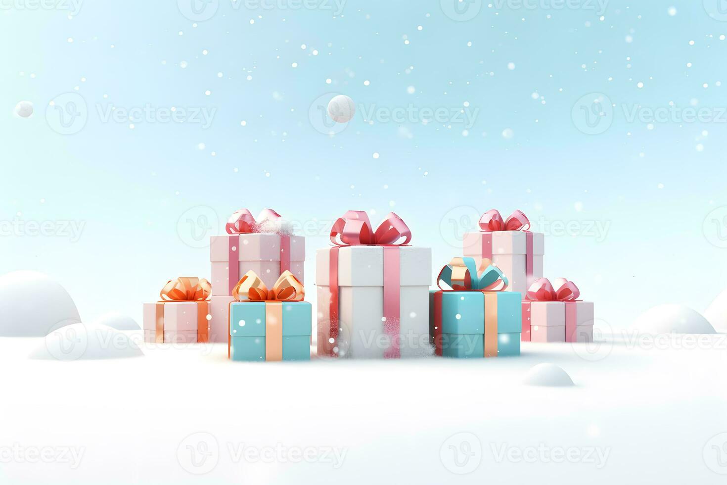 Christmas gift boxes decoration in snow scene, in the style of light pastel design, AI generate photo