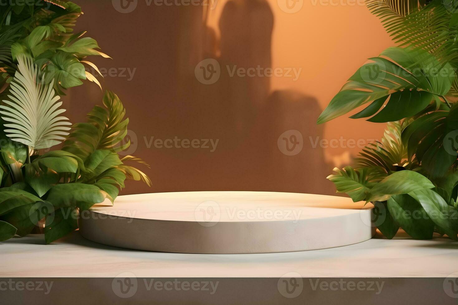 3d Roca podio plataforma en tropical plantas decoración, para presentación monitor productos cosméticos productos marca, vacío mínimo etapa identidad y embalaje diseño, ai generar foto