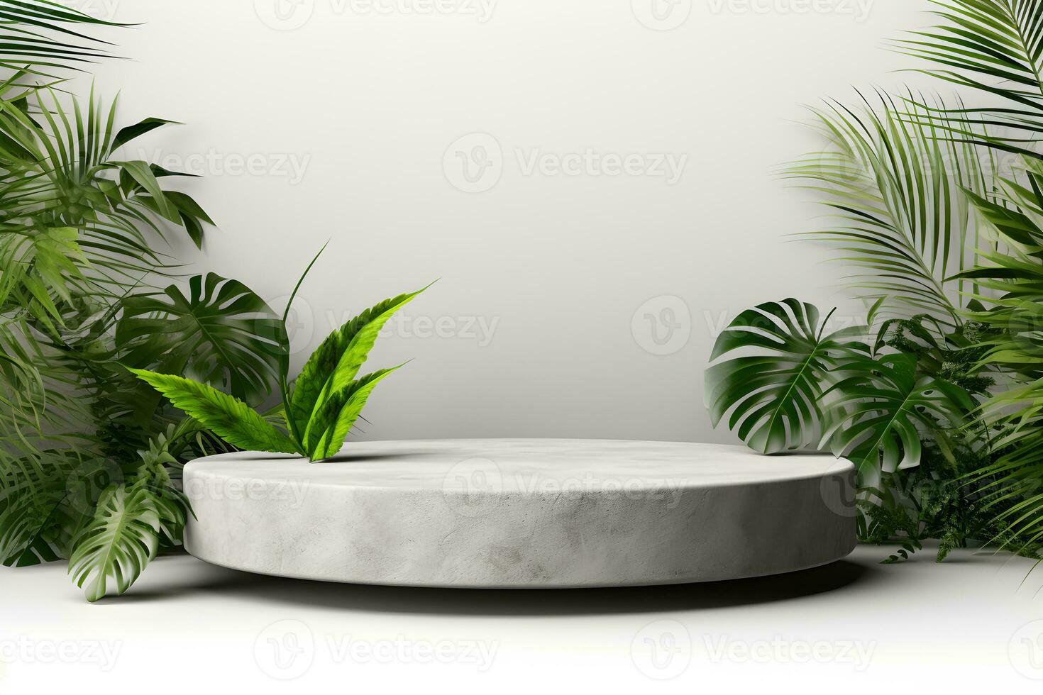 3D Stone podium platform in tropical plants decoration, For Presentation display cosmetics products branding, Empty minimal stage identity and packaging design, ai generate photo