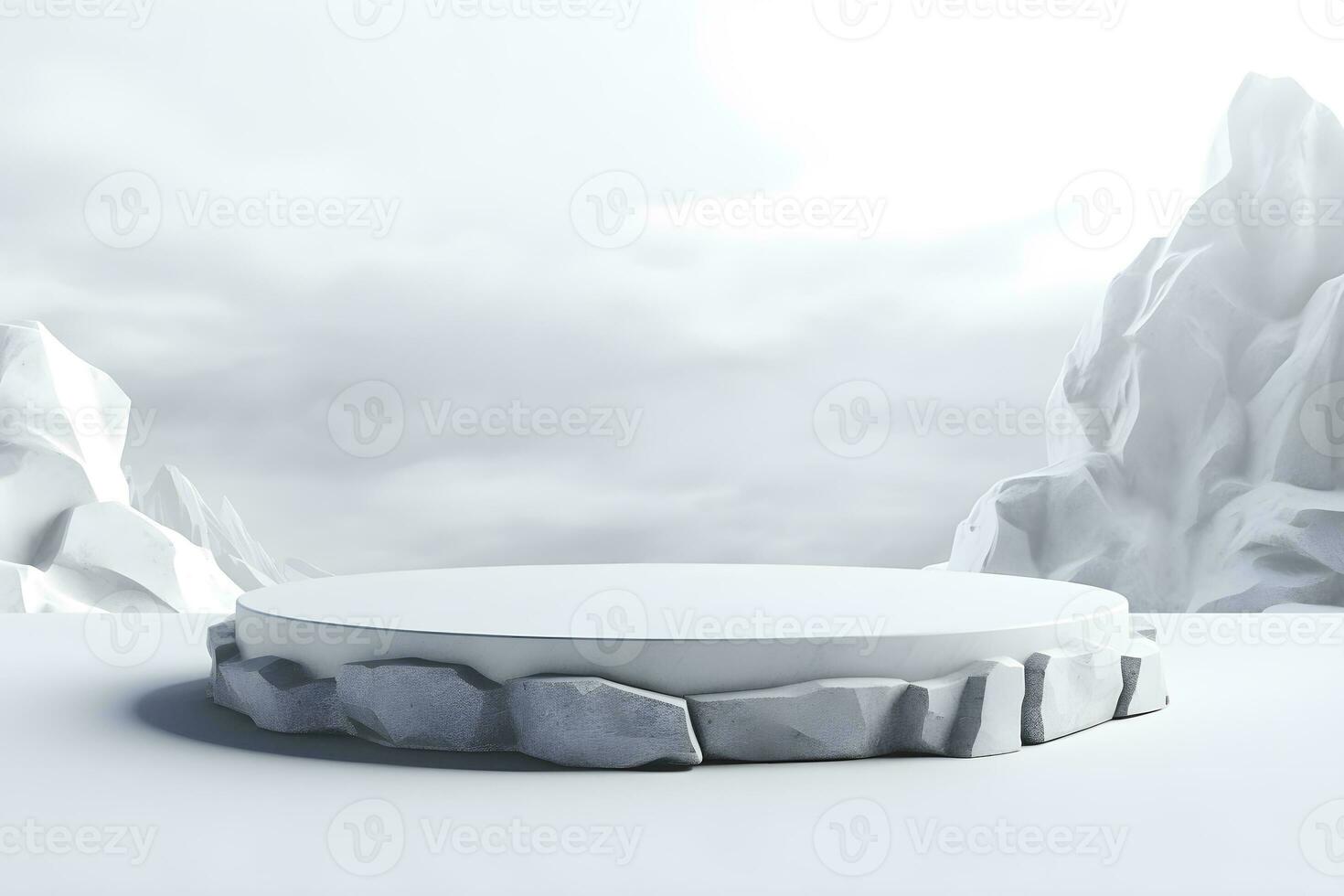 3D White stone podium minimal product display pedestal rock with landscape snow winter scene, ai generate photo