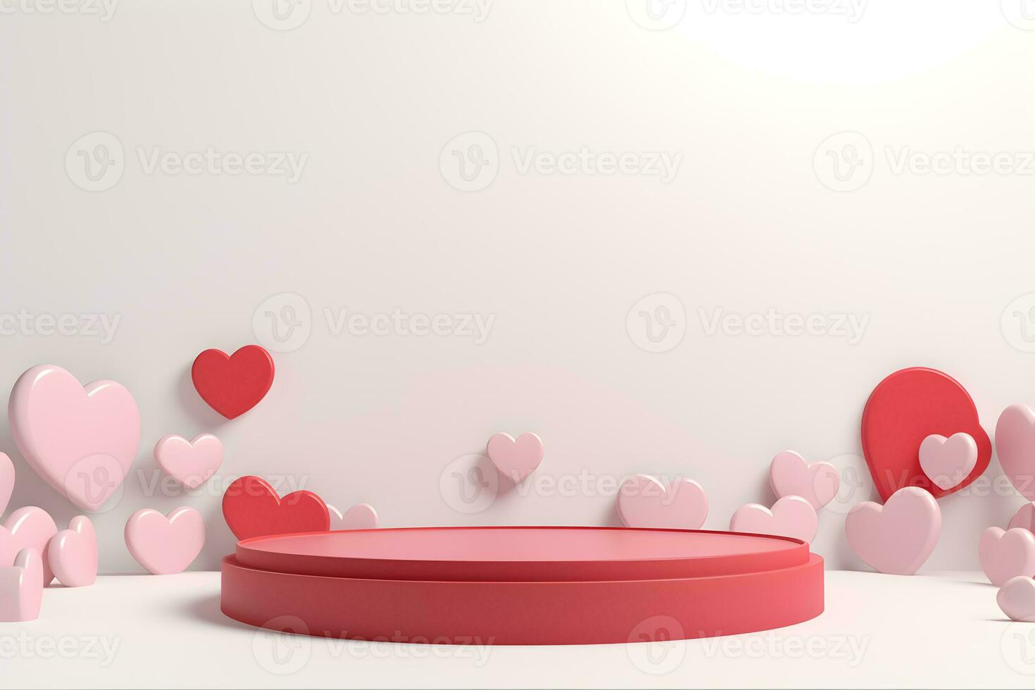 3D cylinder pedestal or stand podium with hearts decorations celebration, Valentine day minimal scene for product display presentation. Geometric platform design, ai generate photo