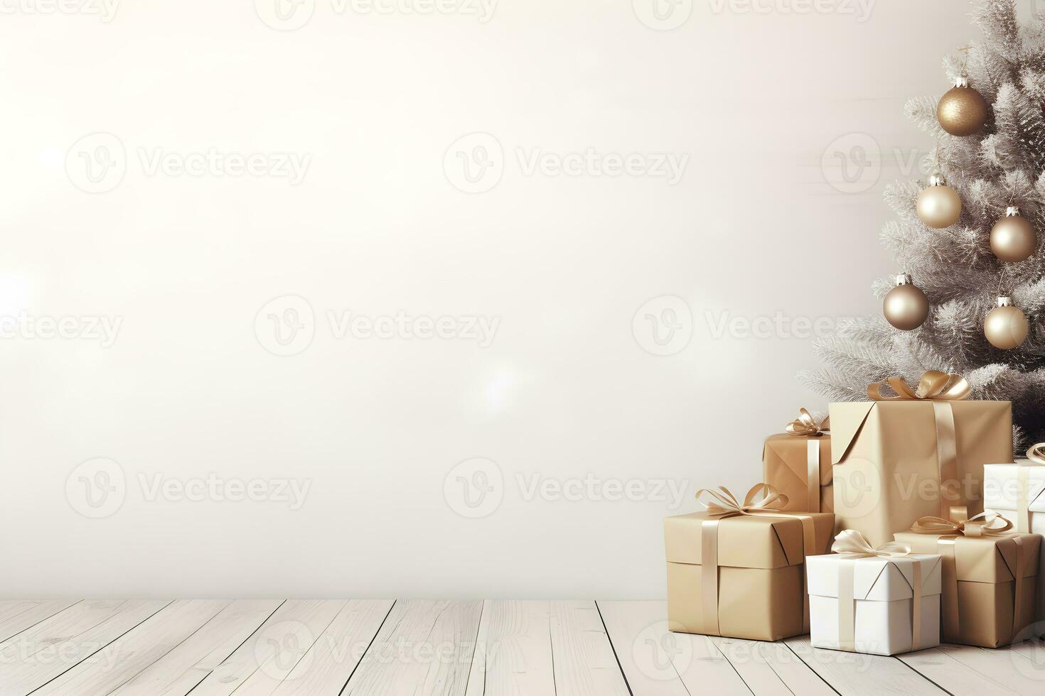 christmas tree with gift boxes and decorations with white wood wall room background, Christmas composition copy space, AI generate photo