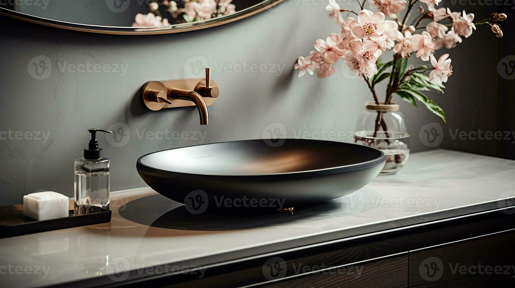 Close up chic bathroom with oval sink, empty countertop, wooden vanity, black framed mirror, flower and grey wall. Generative AI photo