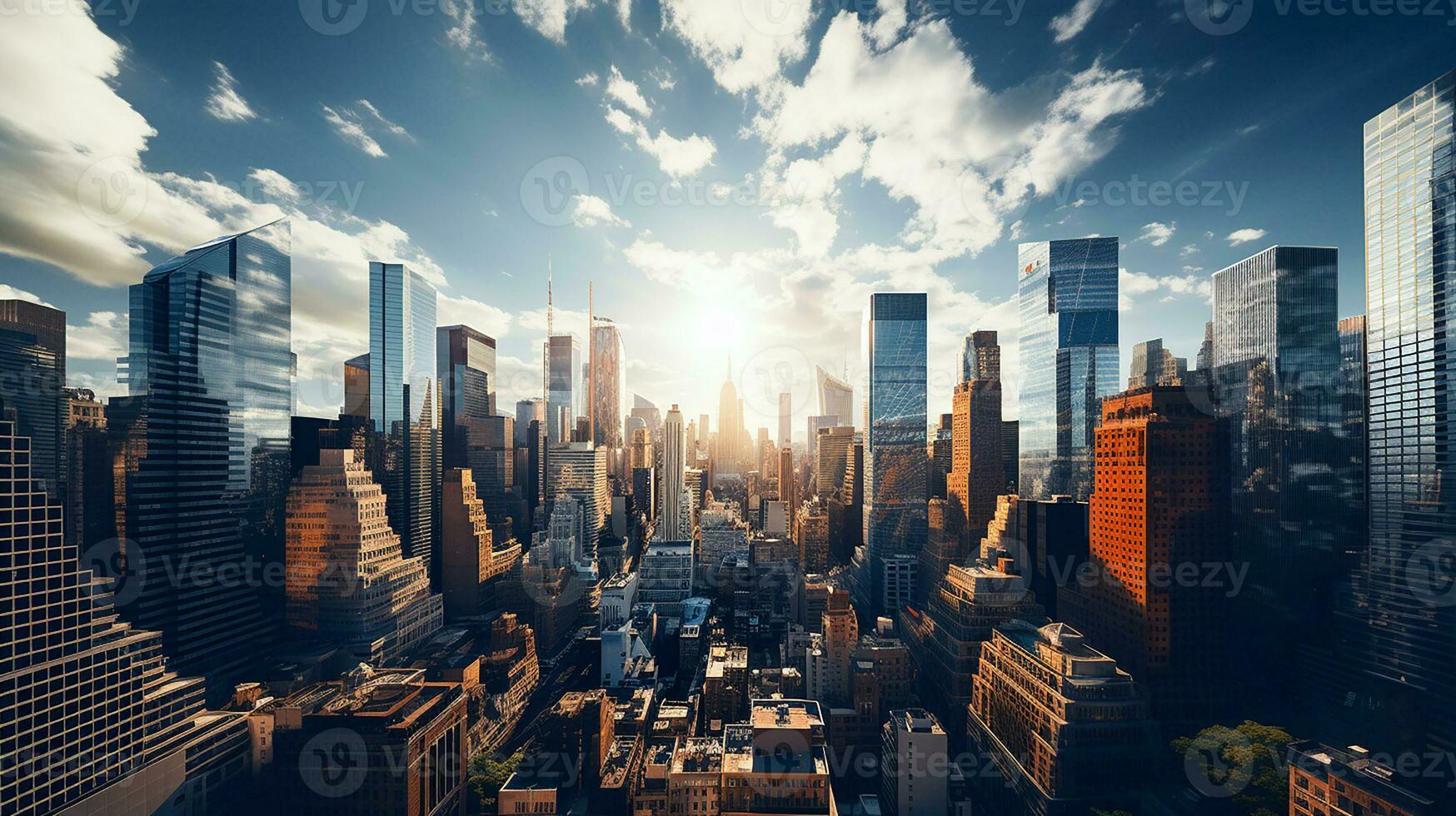Reflective skyscrapers, business office buildings. low angle view of skyscrapers in city, sunny day. Business wallpaper with modern high-rises with mirrored windows. Generative AI photo