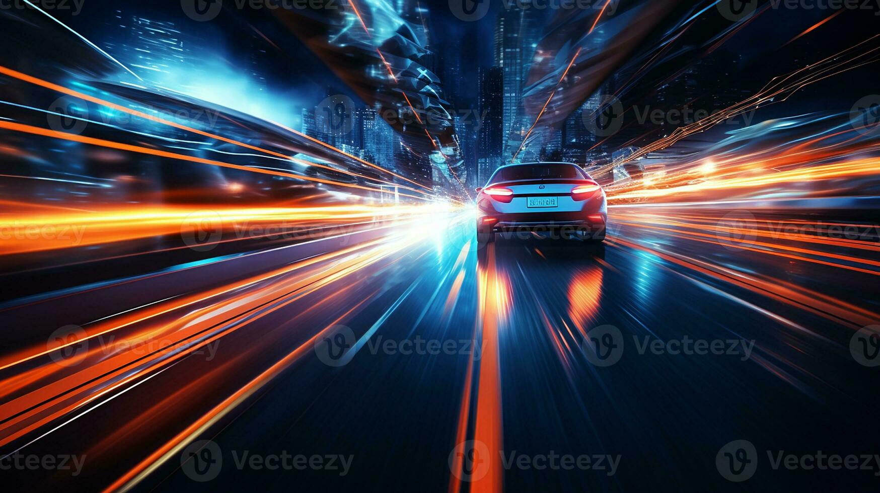 Car motion trails. Speed light streaks background with blurred fast moving light effect, Racing cars dynamic flash effects city road with long exposure night lights. Generative AI photo