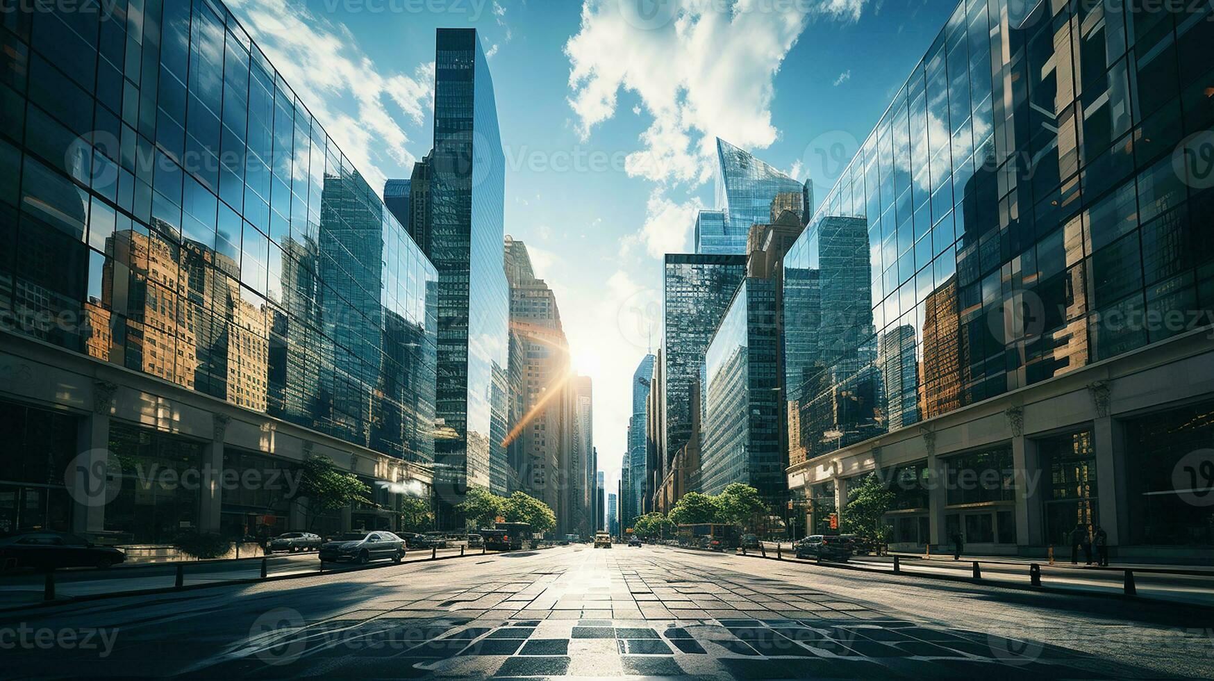 Reflective skyscrapers, business office buildings. low angle view of skyscrapers in city, sunny day. Business wallpaper with modern high-rises with mirrored windows. Generative AI photo