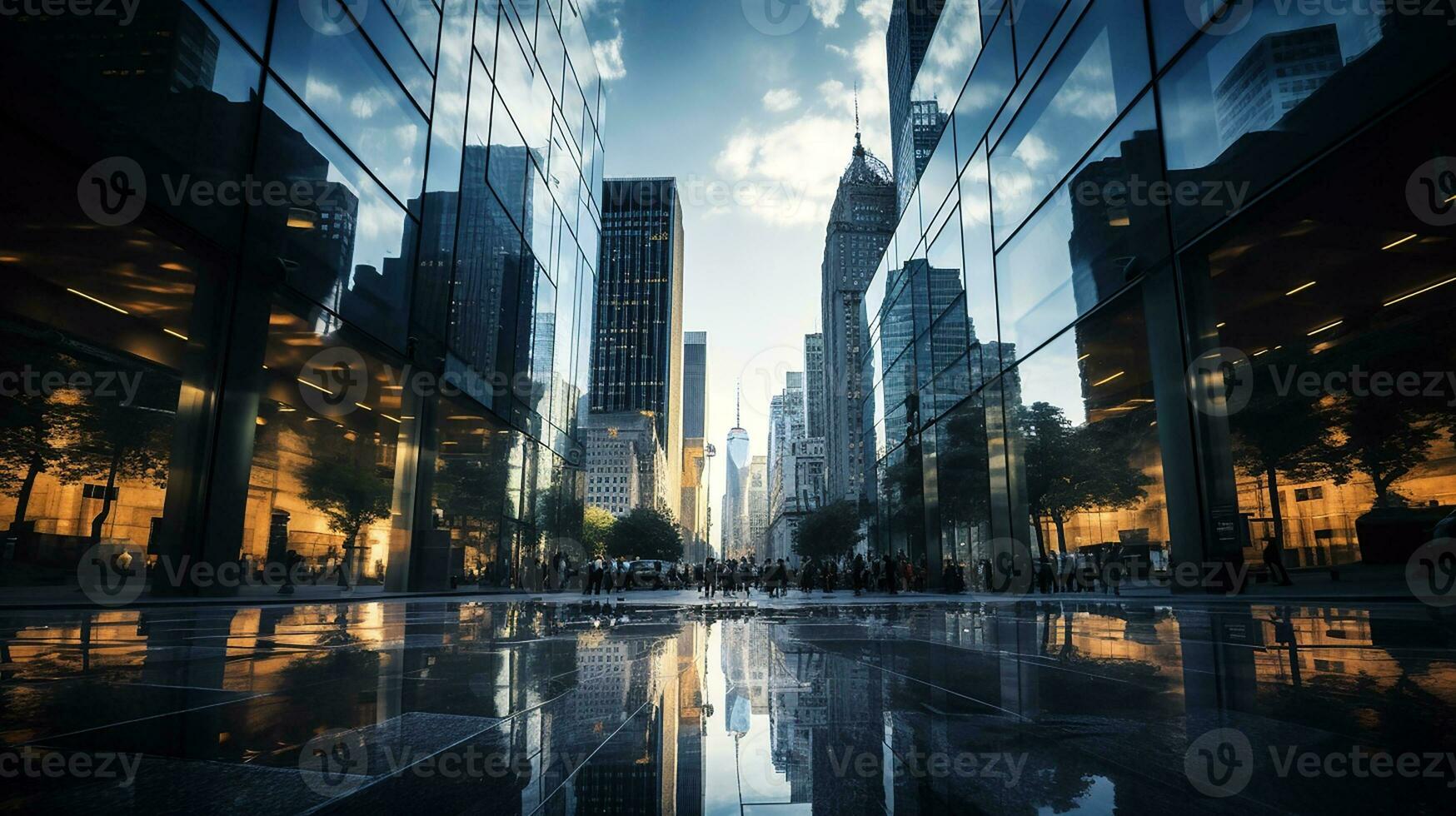 Reflective skyscrapers, business office buildings. low angle view of skyscrapers in city, sunny day. Business wallpaper with modern high-rises with mirrored windows. Generative AI photo