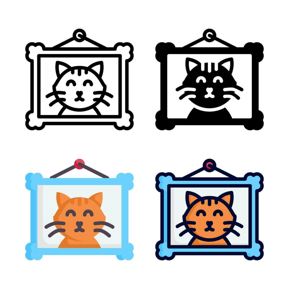 Photo frame cat icon set style collection in line, solid, flat, flat line style on white background vector