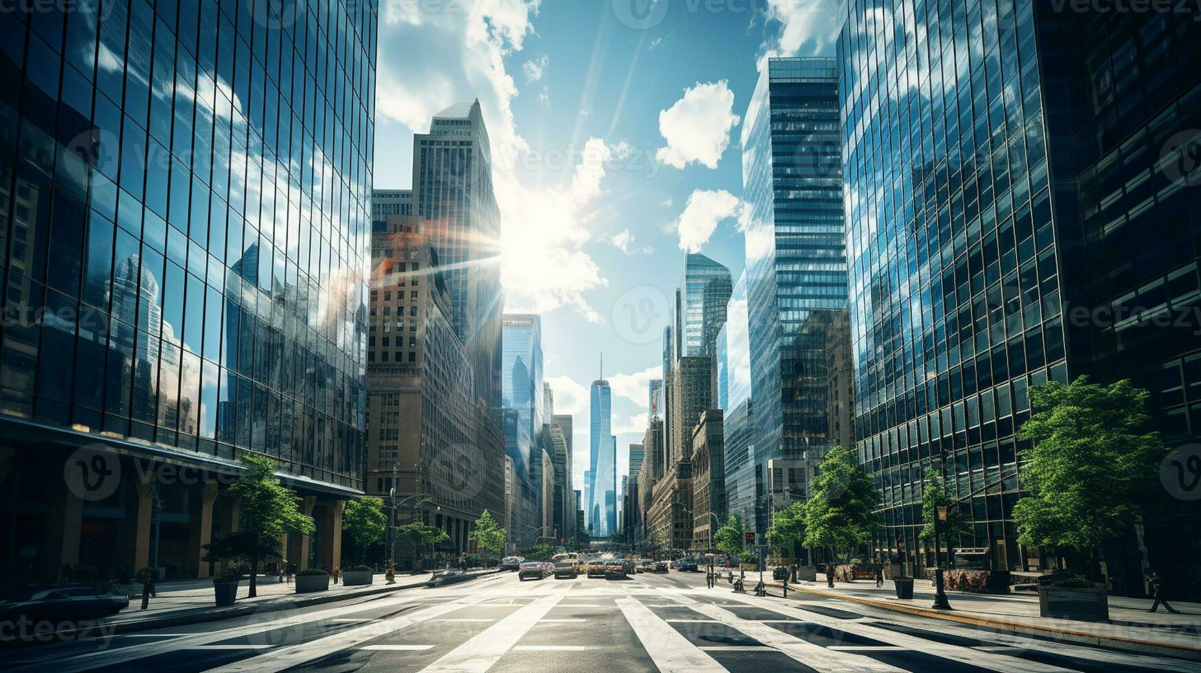 Reflective skyscrapers, business office buildings. low angle view of skyscrapers in city, sunny day. Business wallpaper with modern high-rises with mirrored windows. Generative AI photo