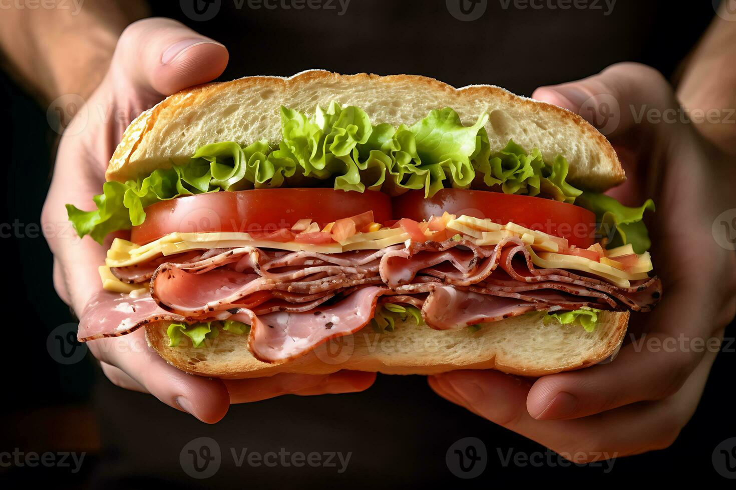 man holding in his hands tasty sandwich with ham or bacon cheese tomatoes lettuce and grain, AI Generative photo