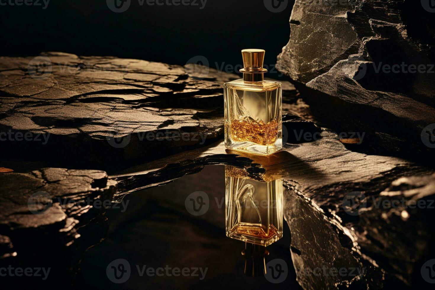 Perfume bottle or whiskey bottle in elegant style on the background of rocks photo