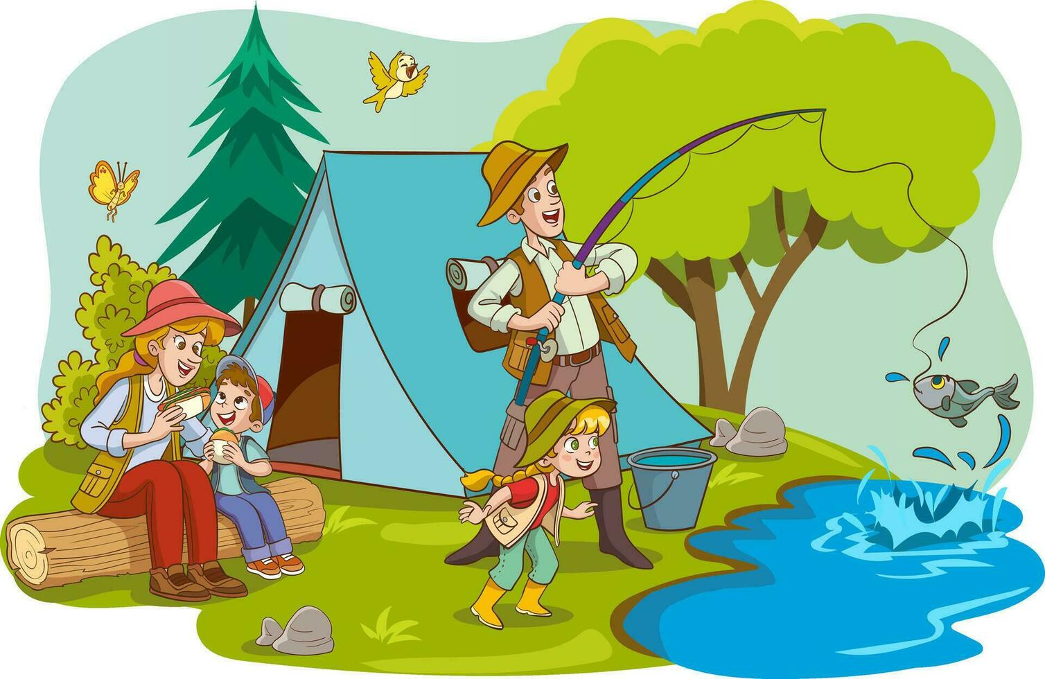 vector illustration of family camping and fishing