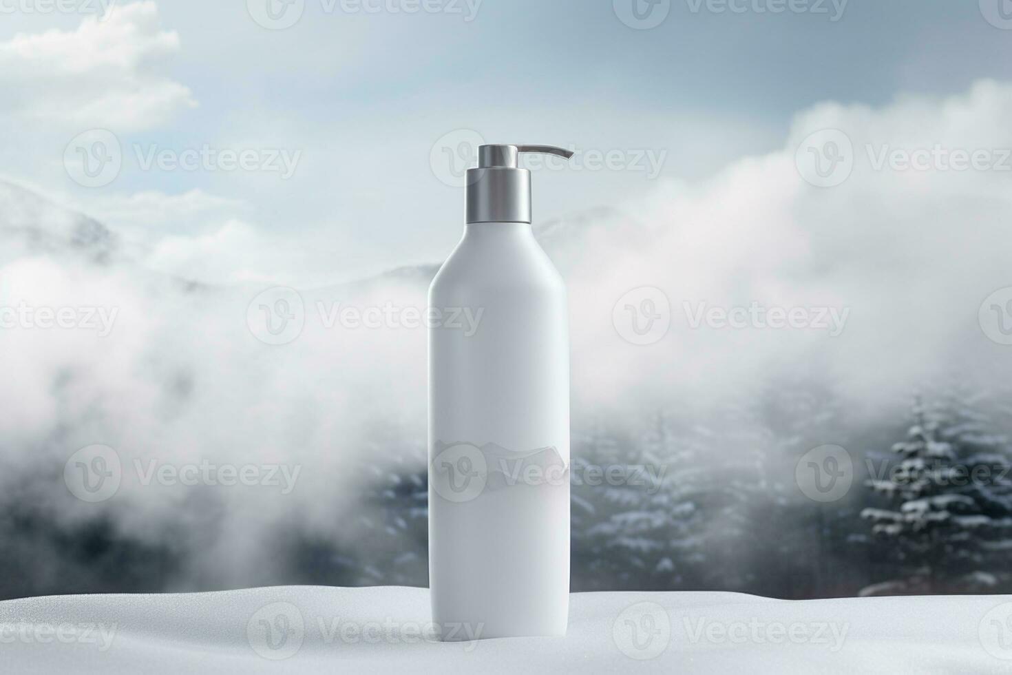 Mockup of elegant lotion pump bottle On the background of bright clouds photo