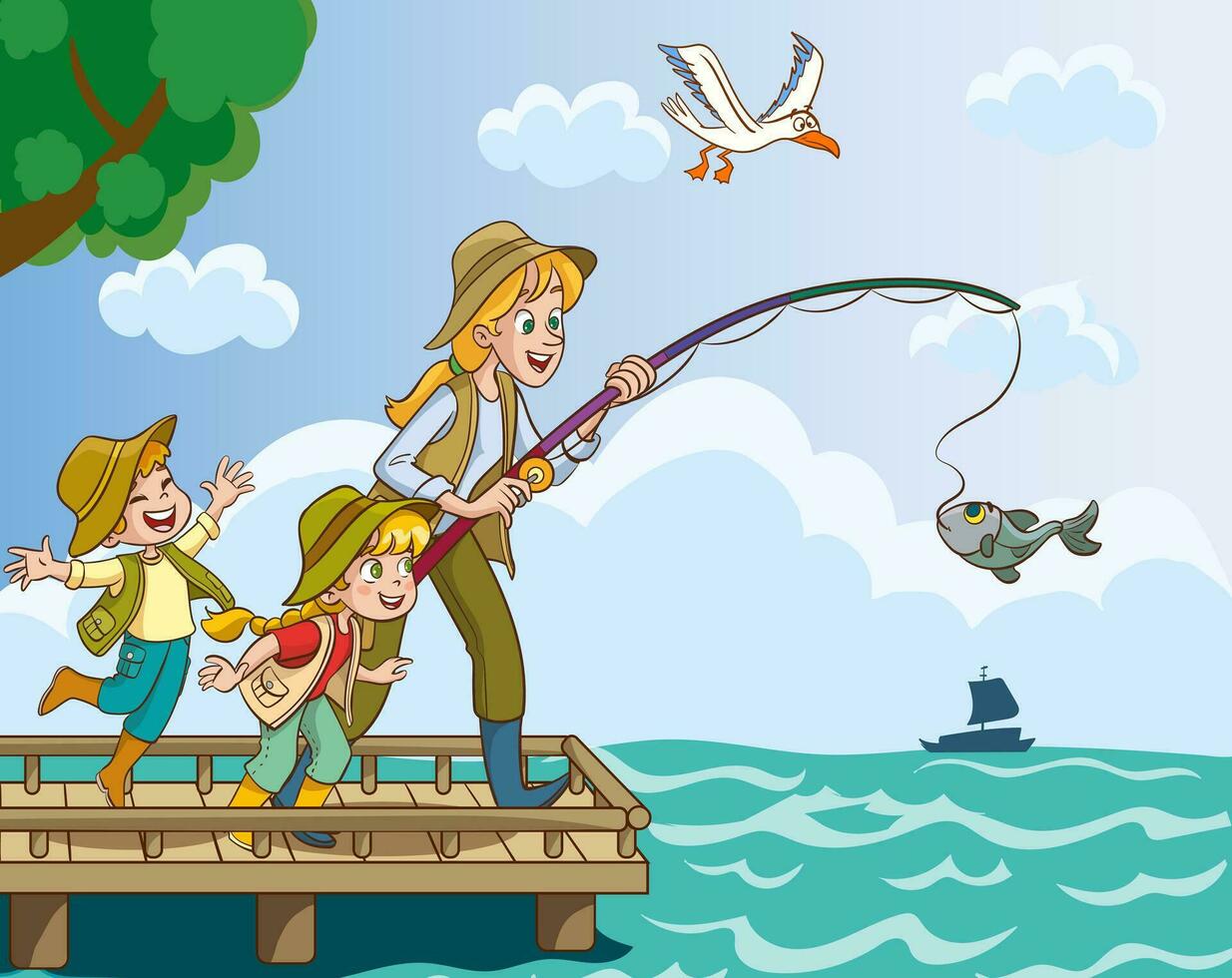 vector illustration of mother and kids fishing