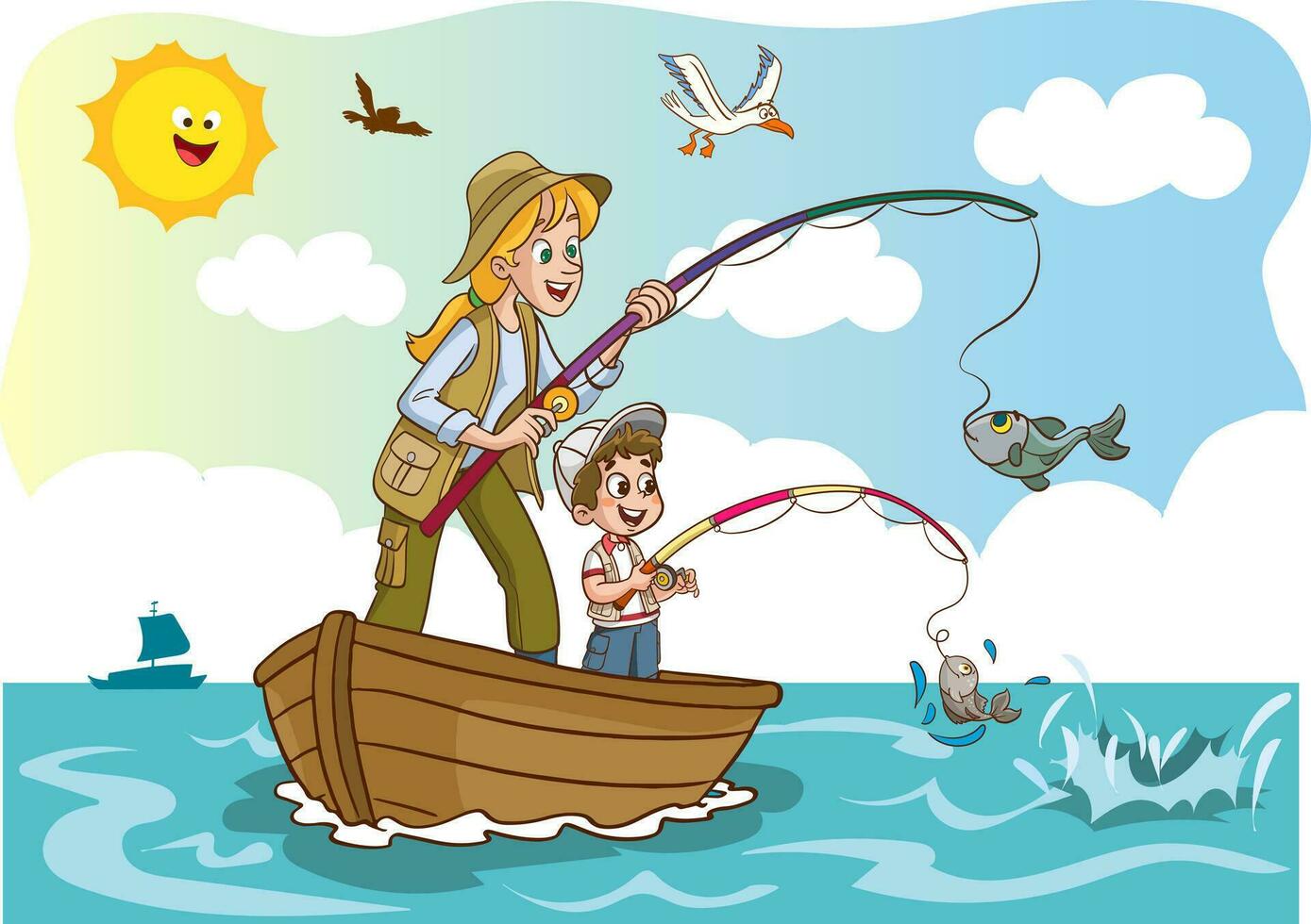 Hand drawn Kids drawing Cartoon Vector illustration fish and fishing rod  icon Isolated on White Background 26733354 Vector Art at Vecteezy