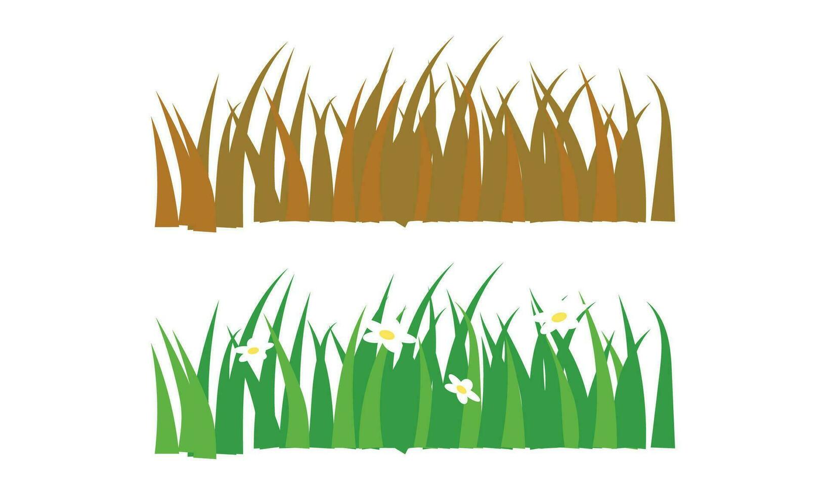Vector cartoon green meadow grass with flower, herbs and spike ears. spring garden lawn horizontal borders