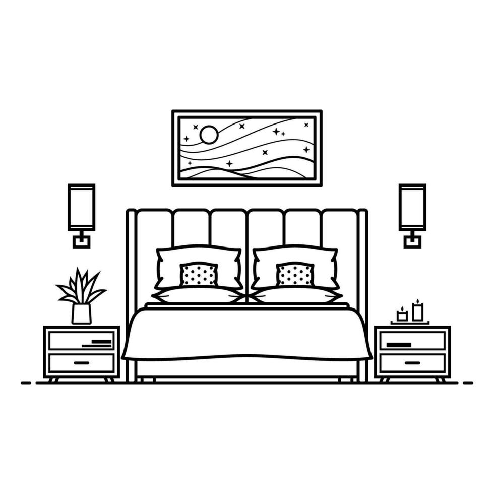 Bedroom Mattress Nightstand Black Outline vector