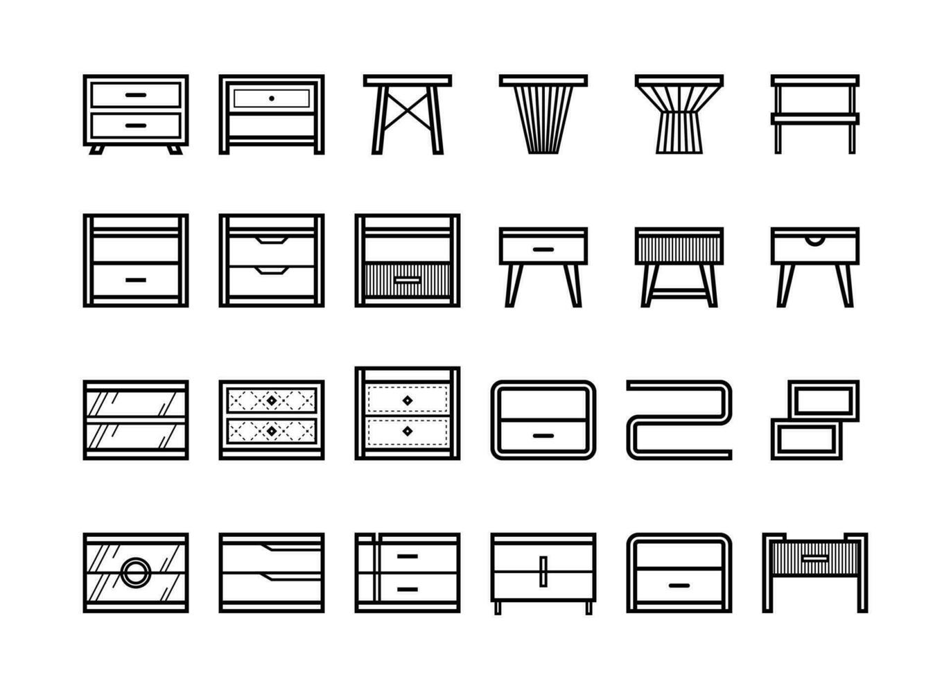 Nightstand Bedside Table Black Outline Collection Set vector