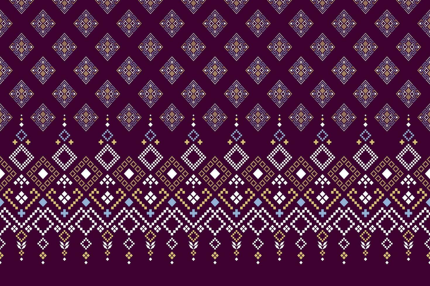 Purple cross stitch traditional ethnic pattern paisley flower Ikat background abstract Aztec African Indonesian Indian seamless pattern for fabric print cloth dress carpet curtains and sarong vector